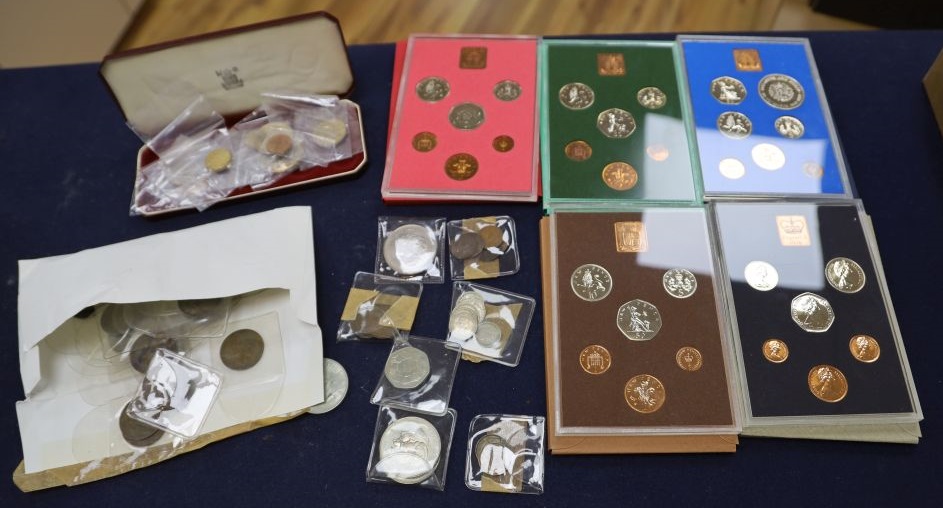 A 1950 Royal Mint specimen coin set, various other base metal sets, coins, commemorative issues and bonds dated 1913